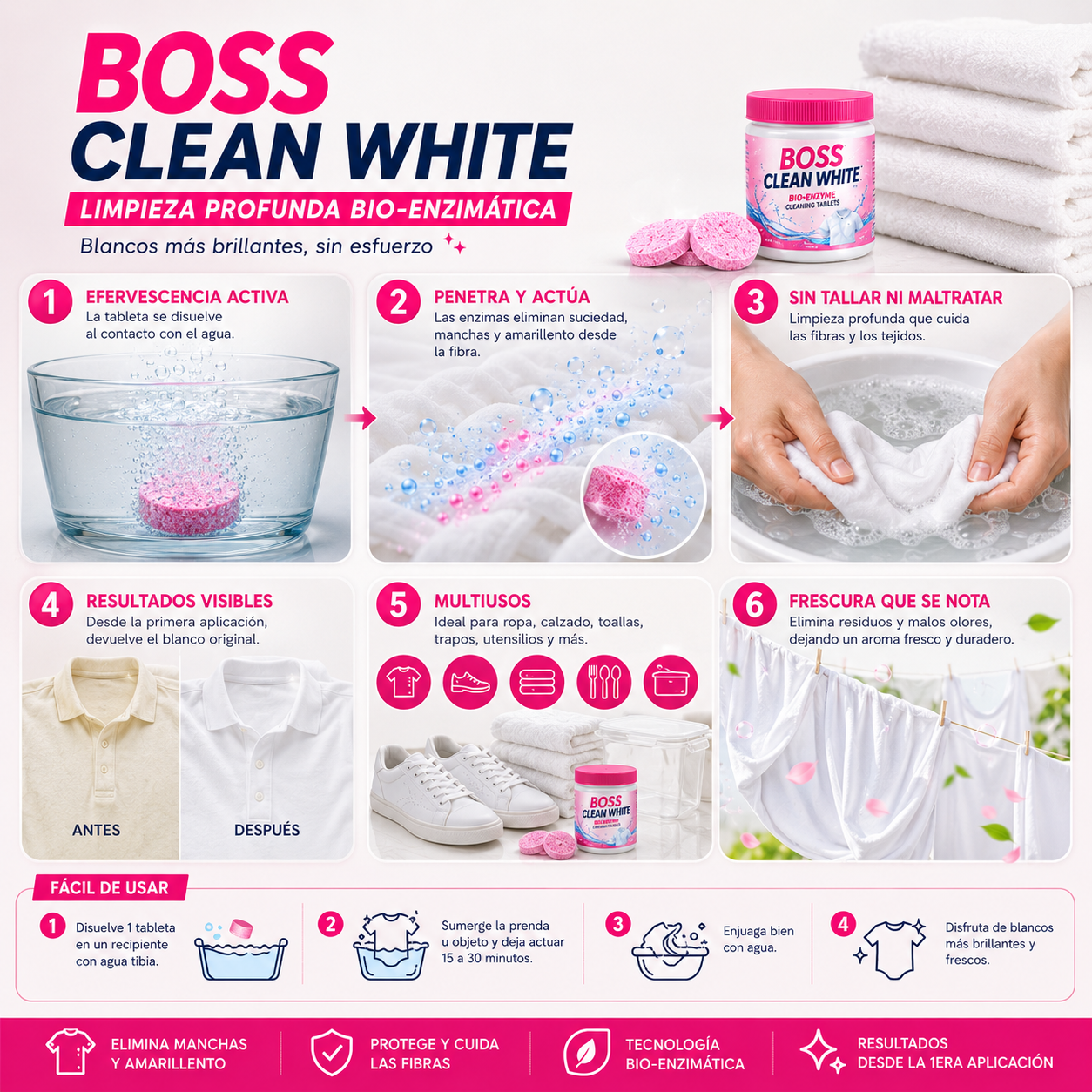 BOSS ULTRA WHITE™ — Tabletas de Detergente Concentrado para Limpieza Total