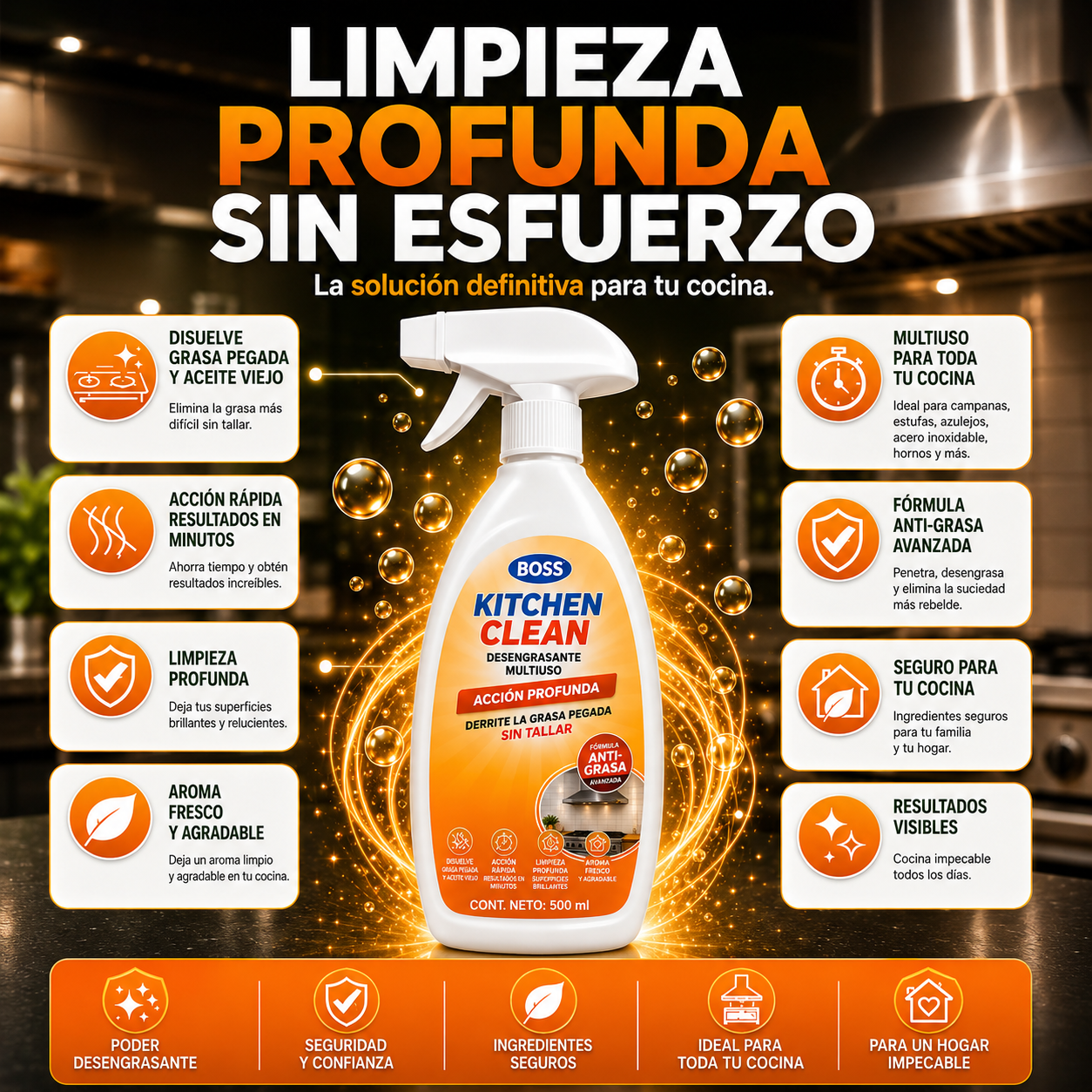 BOSS KITCHEN CLEAN™- Tecnología Desintegradora de Grasa