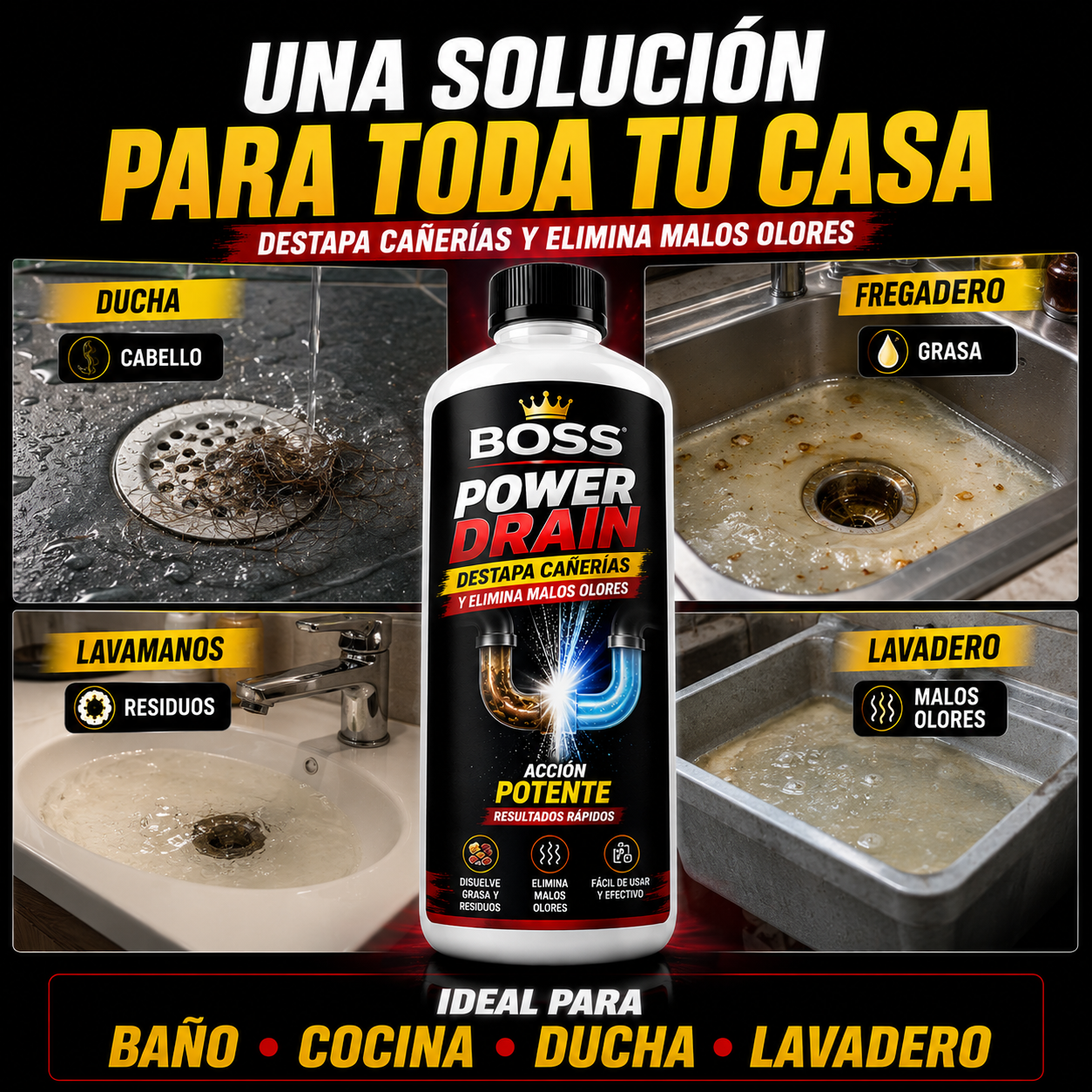 BOSS POWER DRAIN - DESTAPA CAÑERÍAS Y ELIMINA MALOS OLORES